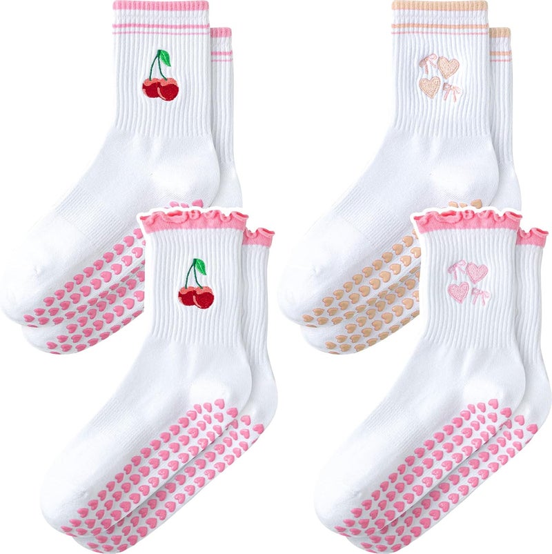 ZFiSt Pilates Socks with Grips for Women,4Pairs Ruffle Yoga Sock Cute Cotton Grippy Socks for Barre Workout Non Slip 5-10in - Image 1